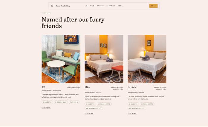 The three units listed with photographs and nightly rates