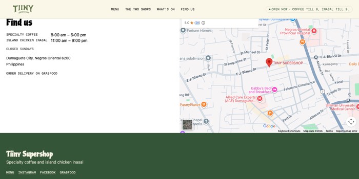 The find us section, with separate hours for each shop, the address and a map